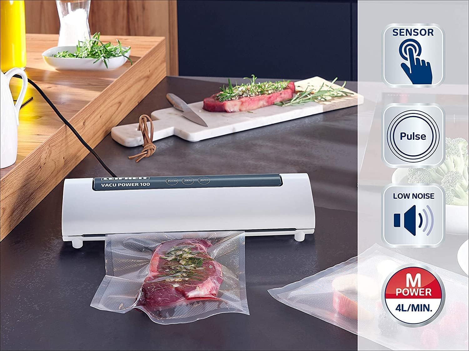 Leifheit Machine de mise sous vide alimentaire Vacu Power 100, appareil pour emballage sous vide + 10 sacs sous vide alimentaire (20 x 30 cm) 3280