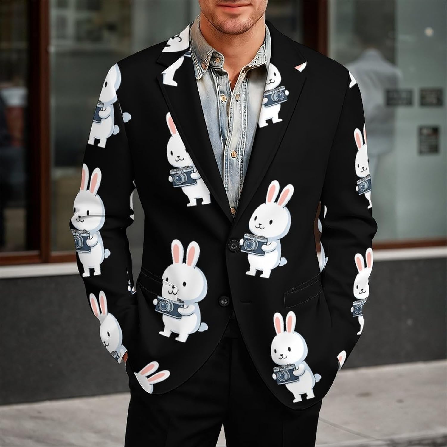 Rabbits Holding Camera Mens Blazer Jacket Business Casual Suit Sport Coats Wedding Party Tuxedo