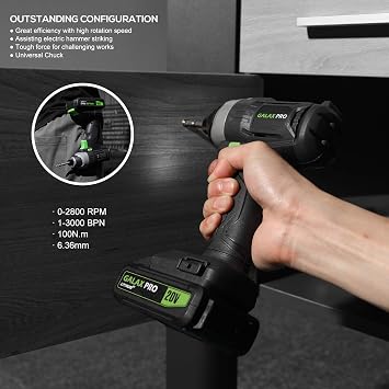 GALAX PRO Impact Driver 20 V Lithium Ion 1/4 Hex Cordless Driver with LED Work Light, 6 Pieces Screwdriver Bits, Variable Speed (0-2800 RPM)- 1.3 Ah Battery and Charger Included