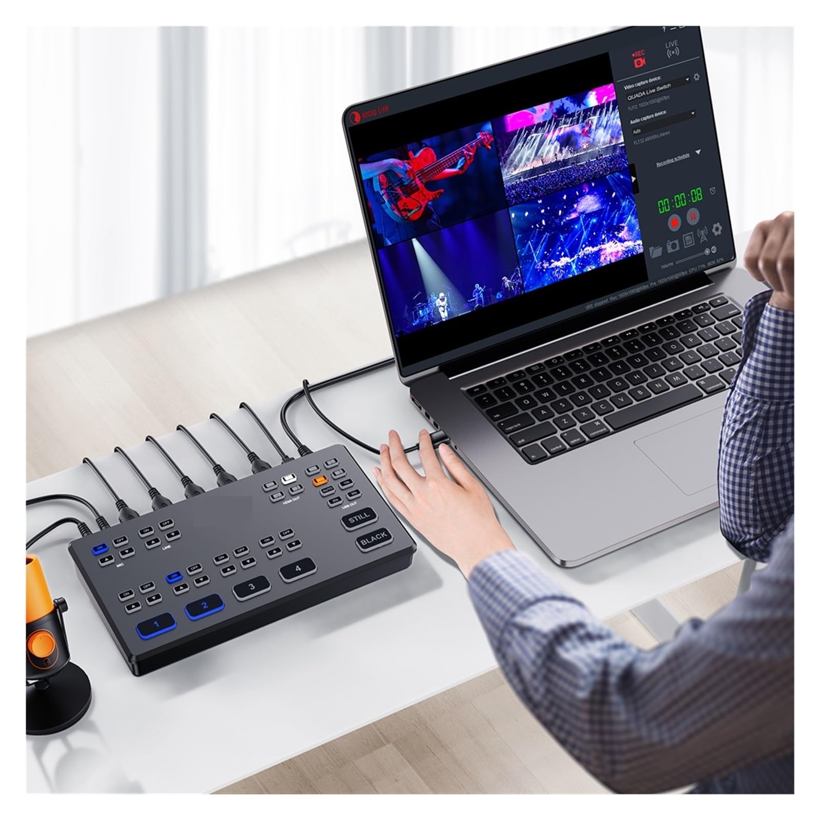 Karta przechwytująca miksera wideo Live Switch 4 do transmisji strumieniowej na żywo, wejście liniowe TRS 3,5 mm/zestaw słuchawkowy CTIA
