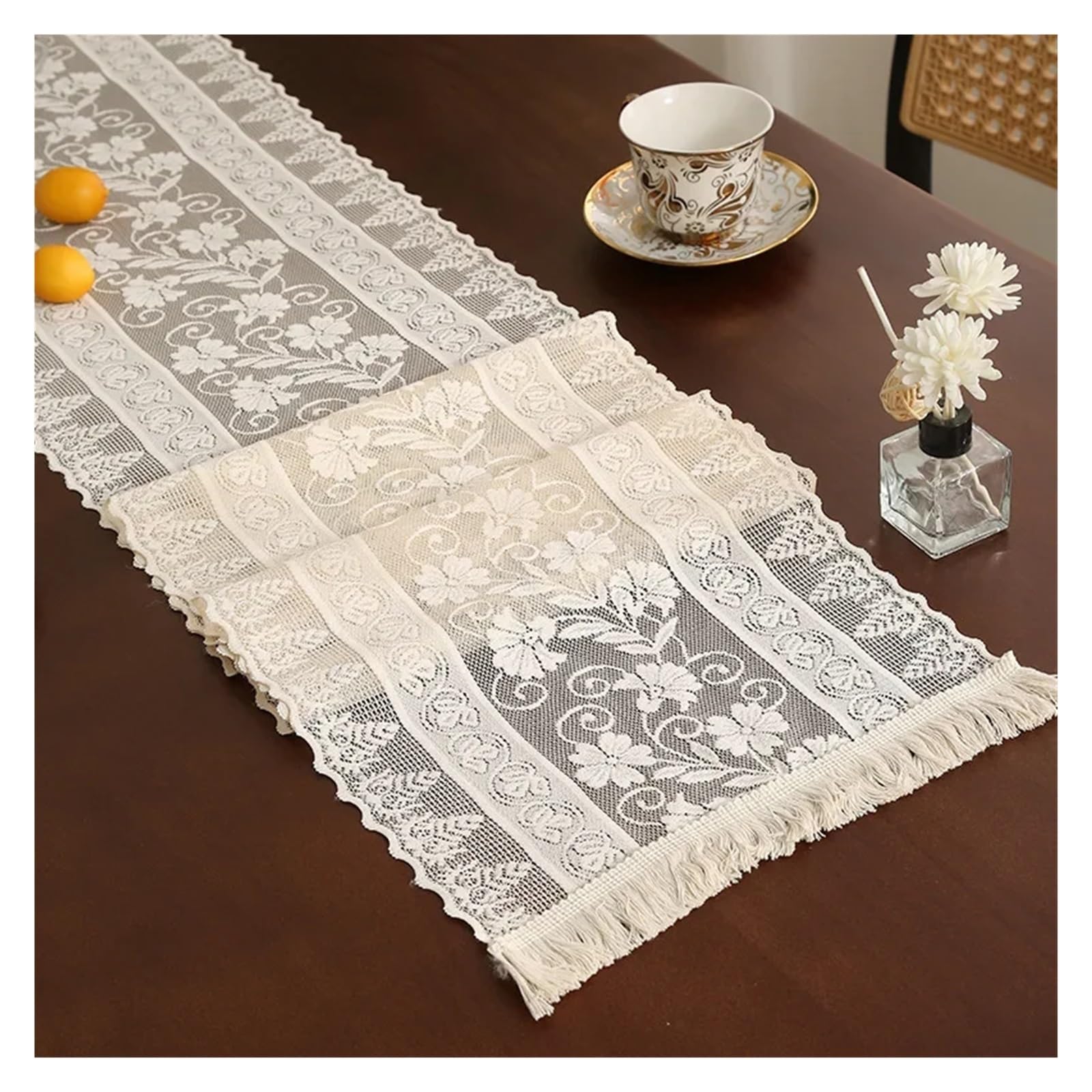 Runner da tavola in pizzo, Runner da tavolo in pizzo con nappa floreale ricamata bianca(Dsc,30x90cm)