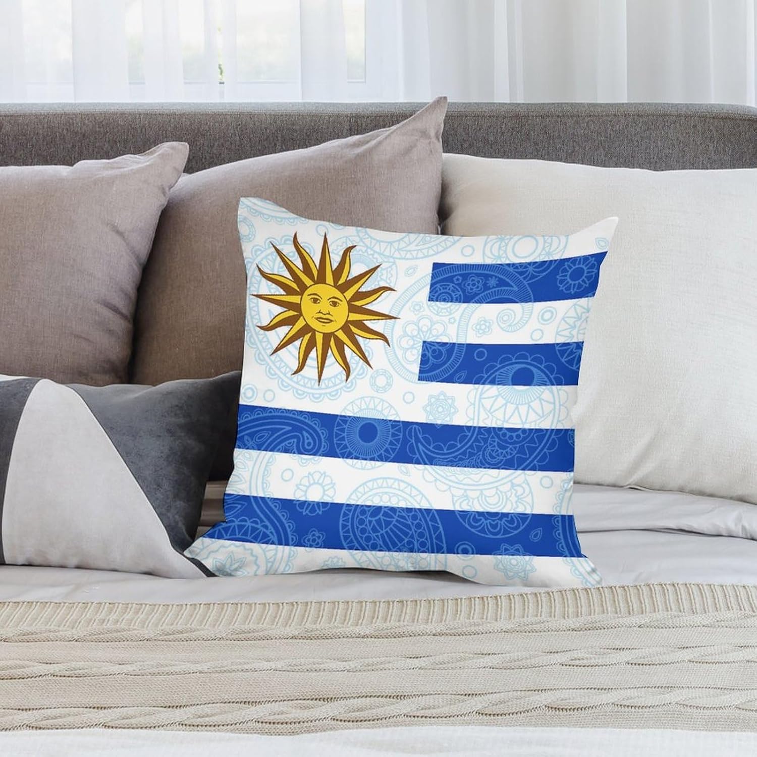 Uruguay Flag Paisley Pattern Printed Throw Pillow Case 4 Pcs Soft Pillowcases Pillows Covers Sofa Bed Decor 12/14/16/17/18/20/22/24/32 Inches