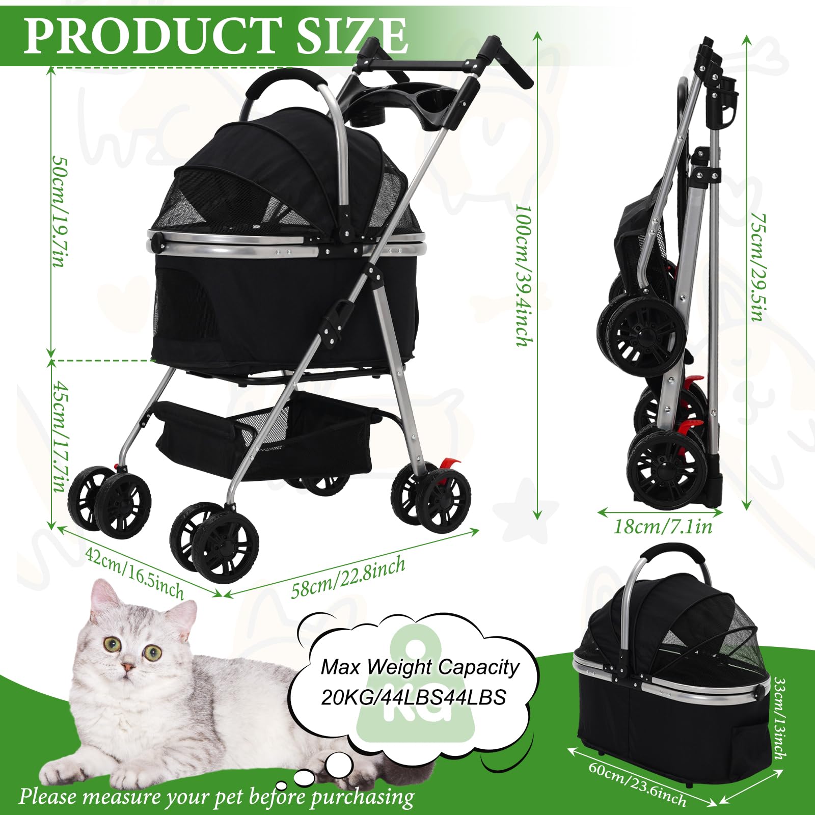 HOMCENT Passeggino 3 in 1 per cani di taglia media, passeggino pieghevole con seggiolino auto rimovibile, capacità 20 kg, ruote a 360°, manico regolabile, multi spazio per gatti e cani (nero)