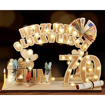 Giftota Original 70th Birthday Money Gifts Wooden with LED Fairy Lights Gifts for 70th Birthday Man / Woman 70th Birthday Decoration