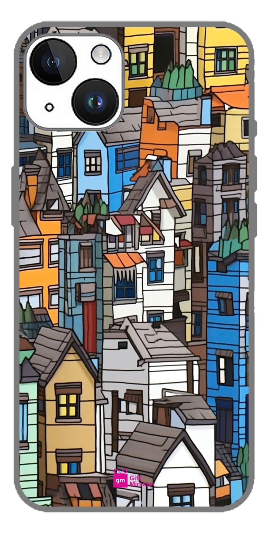Gift Minister Silicone Designer Cover for Apple iPhone 14 Golden Rodcase - Colourful House Building Seamless Pattern Repeated Gary Panter Street Art Sensibilities Modernist Captivating 1Pcs 1695F