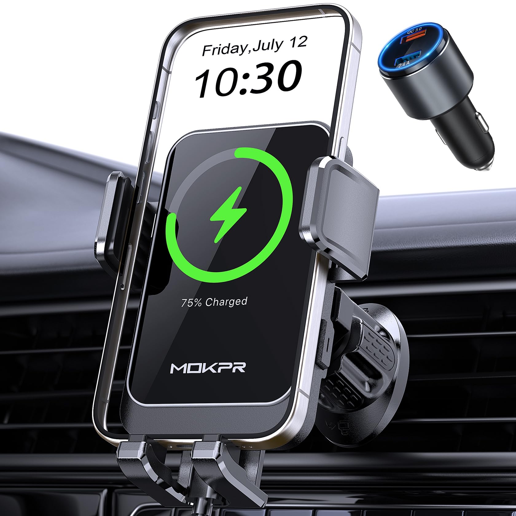 Wireless Car Charger, MOKPR 15W Fast Charging Auto Clamping Air Vent Car Phone Holder with LED Light Car Charger for iPhone 16 15/14/13/12 Pro Max