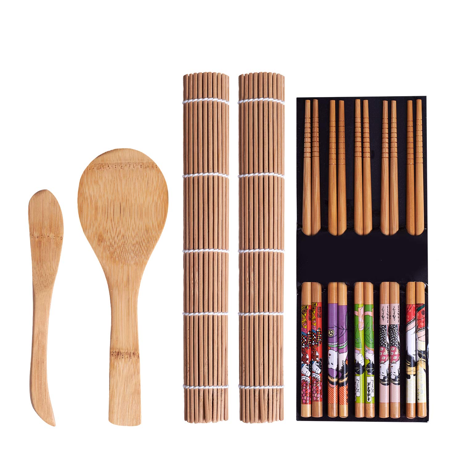 Kit Fabrication Sushis 9 Pièces Bambou - 2 Tapis Roulage, 5 Baguettes, Pagaie Et Spatule à Riz - Parfait Débutants