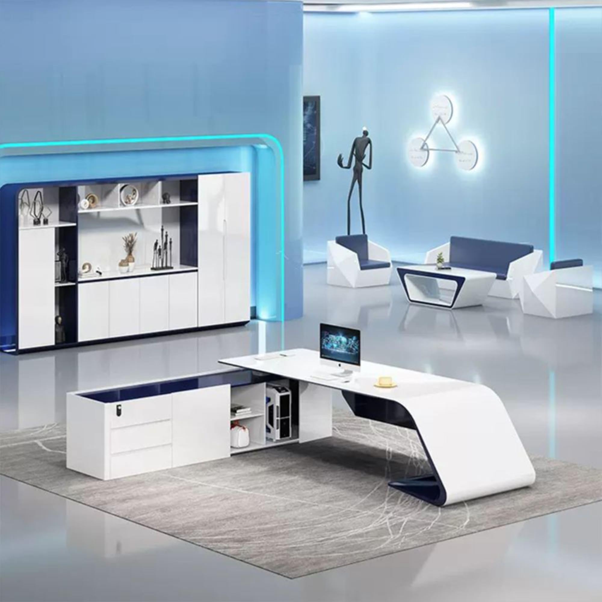 Moderner Schreibtisch mit linkem Schrank, hochglänzender L-förmiger Chef-Schreibtisch, Manager-Arbeitsplatz für CEO, Präsident oder Homeoffice (Stühle nicht enthalten) Left Cabinet 200cm/79in