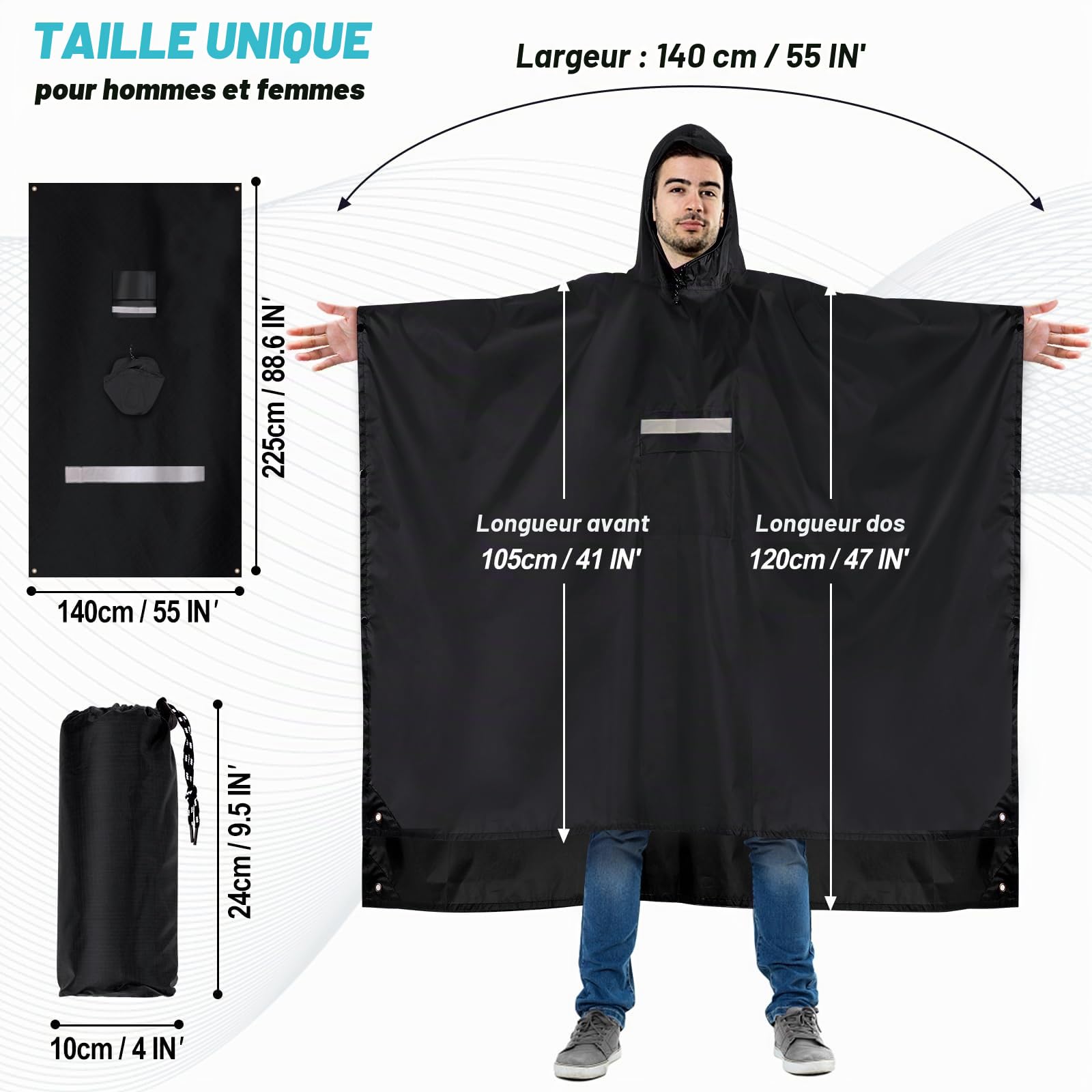 Poncho Pluie Imperméable 225 X 140CM Cape de Pluie Réutilisable Poncho Légère Respirant Grand Poncho de Pluie Unisexe avec Capuche et Poche pour Extérieur Randonnée Camping Vélo