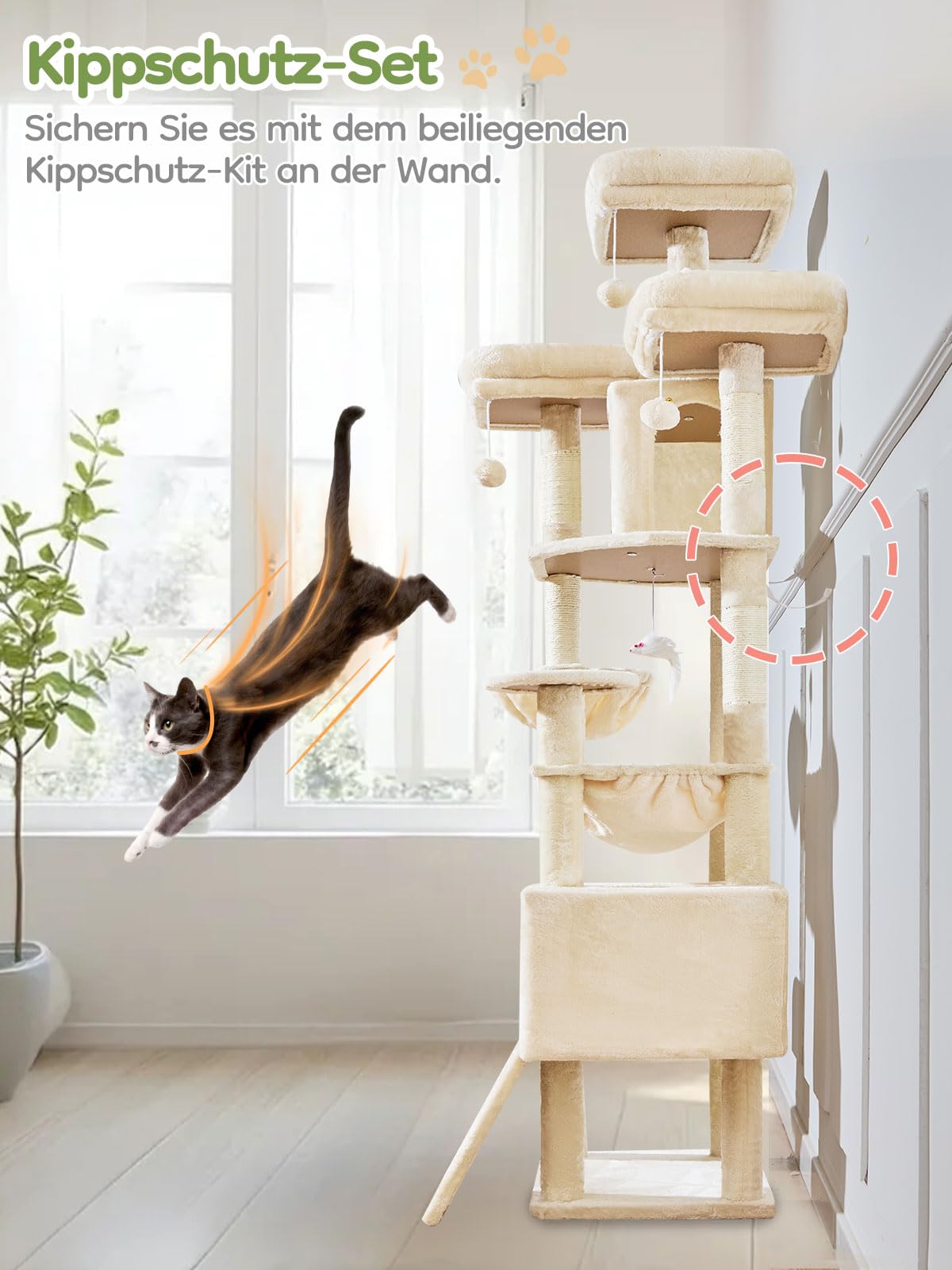 Taoqimiao 193cm Kratzbaum XXL, Großer Katzenbaum Für Große Katzen, MS047M | 3 Große Plattform, Katzenkratztafel, Mehrstöckig, Einfache Montage, 2 Katzenhaus, 7 Kratzsäulen, Hängematte, Korb, Beige