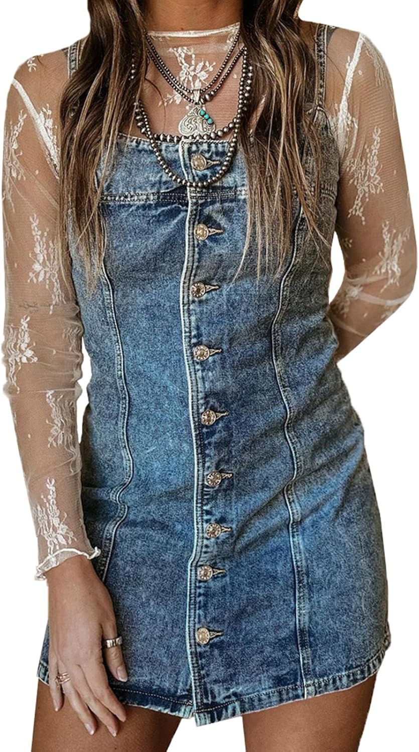 cffvdiz Women's Sleeveless Halter Short Denim Dress Slim Button Down Bodycon Jean Dresses