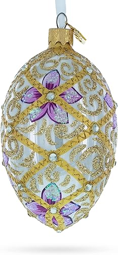 Miniatura 5 de Flores moradas en pergamino dorado huevo de cristal adorno de Navidad 4 pulgadas