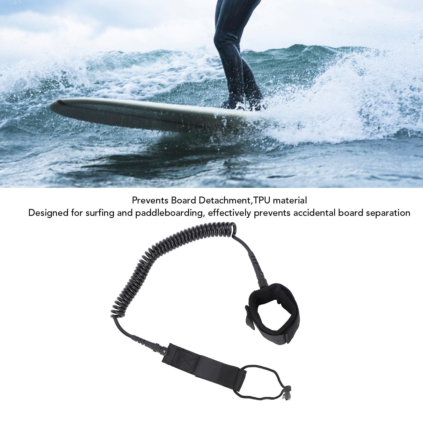 Vvikizy Coiled Surfboard Leash, 9.8ft TPU Coiled Stand Up Paddleboard Rope, Surfboarding Ankle Strap 360 Degree Rotation, for Stand Up, Longboard, Paddleboard (Black)