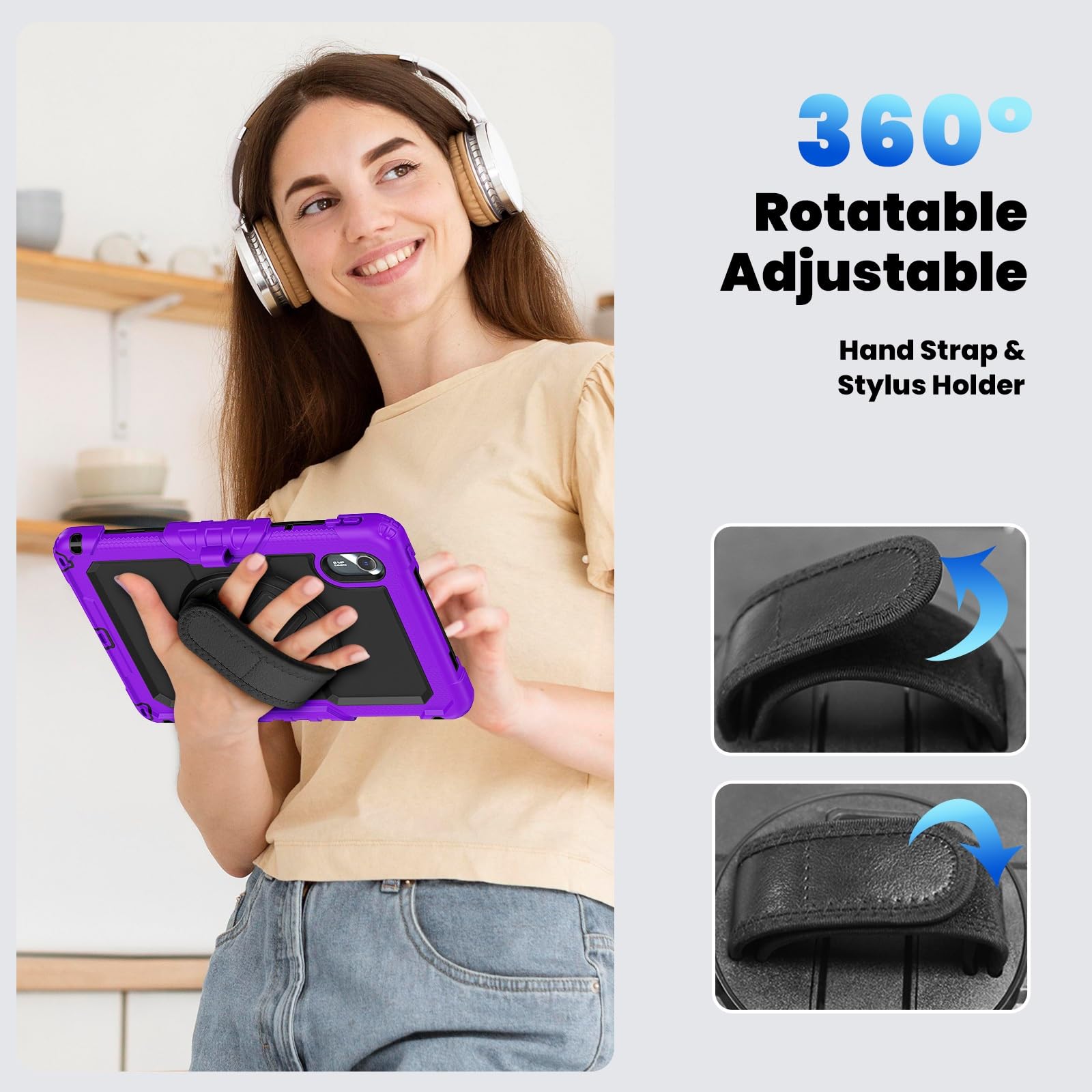 Do Lenovo xiaoxin Pad 11 2025 TB-335FC/Tab M11 TB-330FU/TB-331FC etui z folią ochronną ekranu, [podpórka] [pasek na ramię] Odporna wstrząsy, wytrzymała obudowa, obrotowy pasek rękę 360° i ramię(Mor)