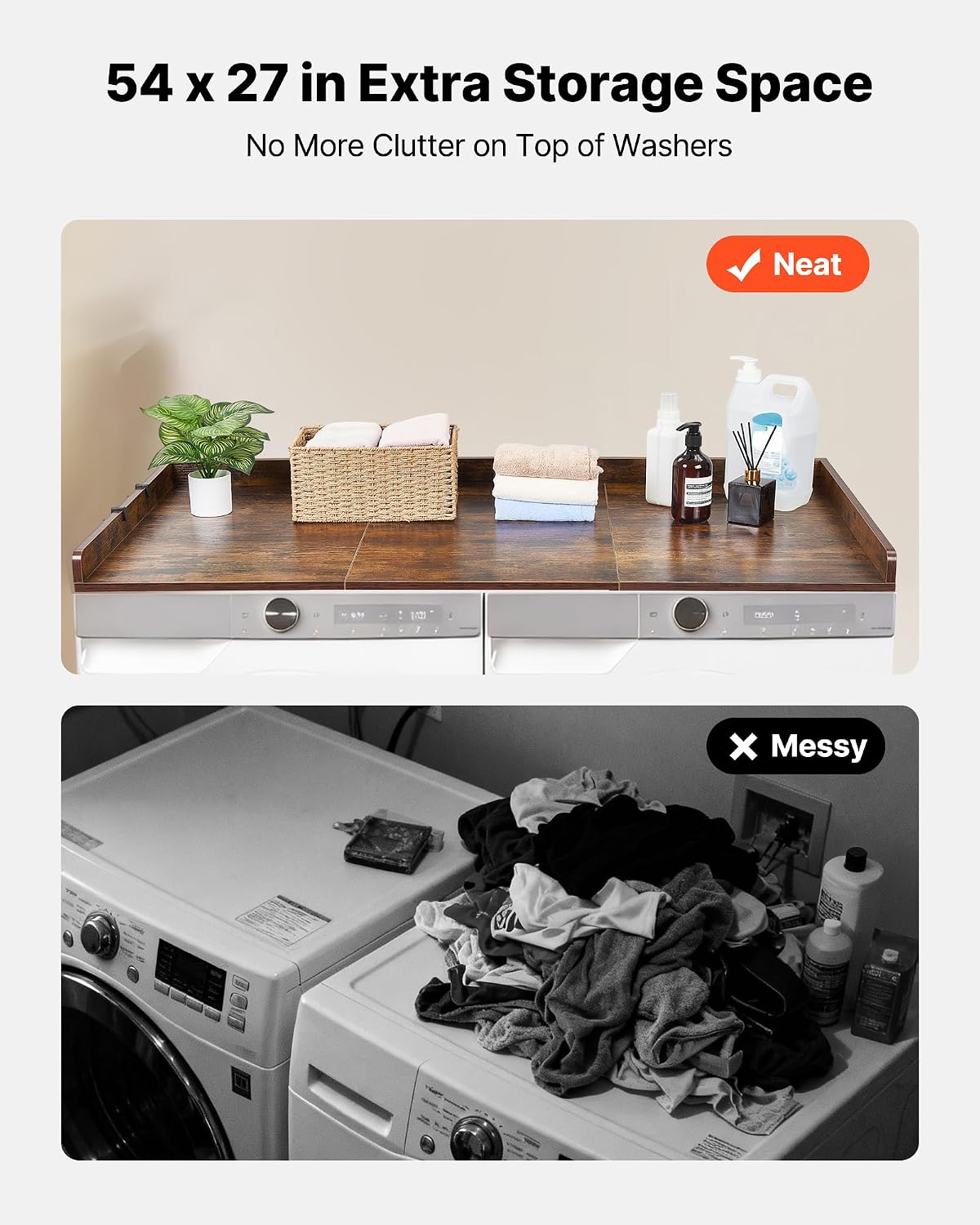 VEVOR Washer Dryer Countertop with 3 Splicing Panels, 54" x 27" Wooden Washer and Dryer Countertop with 2 Hooks, Water-Resistant Laundry Topper for Laundry Room Organization and Storage, Brown image 3