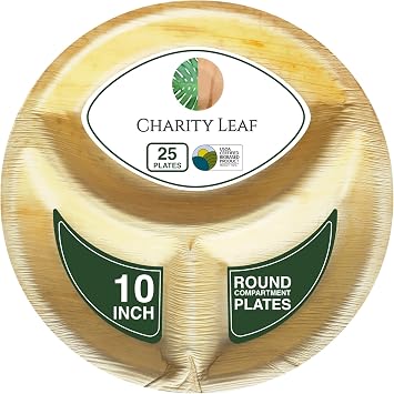 Charity Leaf Compostable Bamboo 10" Round Compartment Dinner Plates 25-pack | Premium, 100% Natural, Disposable, Heavy Duty | Perfect for Parties, Weddings & Catering Events