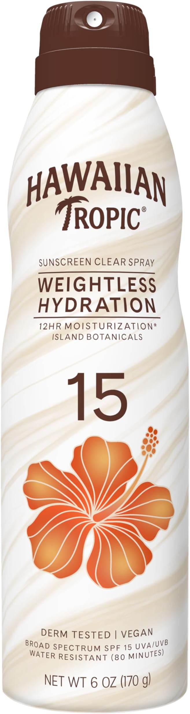 Hawaiian Tropic Sunscreen Clear Spray Weighless Hydration SPF 15 UVA/UVB, 12hrs Moisturization Island Botanical, Vegan,Ultra Light, Water resistant,No Oxybenzone, Dermatologist tested (80 Mins) 170g