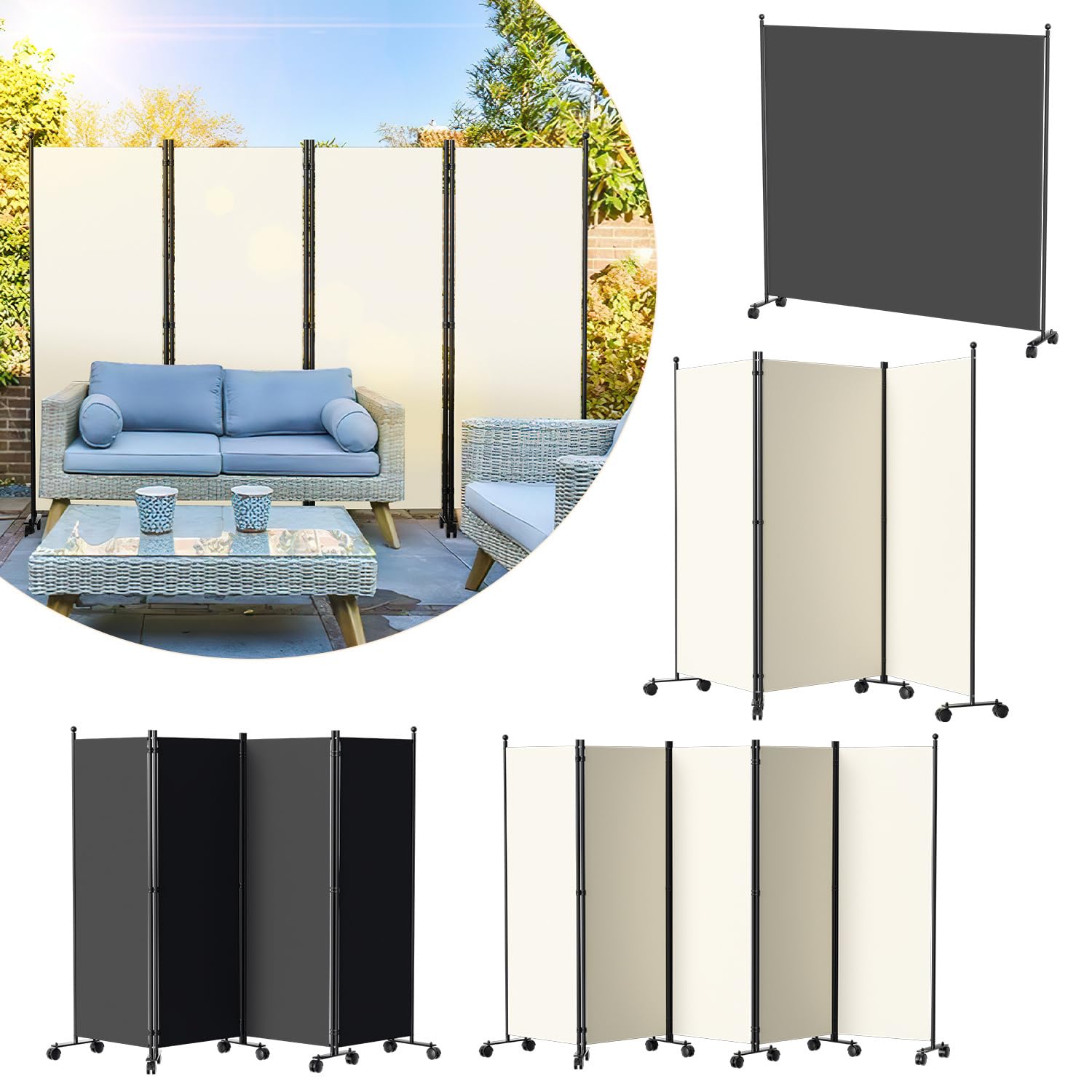 Paravent Raumteiler 284x181cm，Trennwand Freistehend Sichtschutz auf Rollen, Umkleide Sichtschutz Raumtrenner 5 Teilig für Büros, Balkon(Weiß)