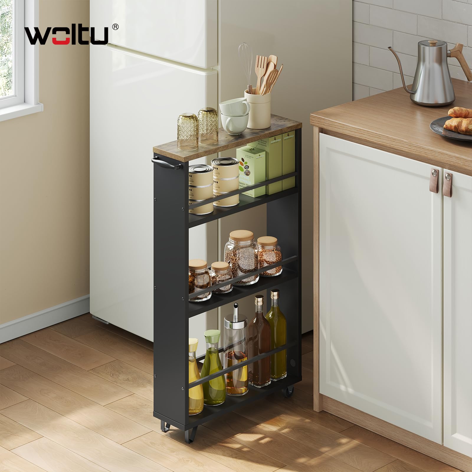 WOLTU Carrello da Cucina a 3 Ripiani, Scaffale Stretto con Ruote Bloccabili e Maniglia, Carrellino Salvaspazio Multiuso in Legno e Metallo, Nero e Marrone Vintage