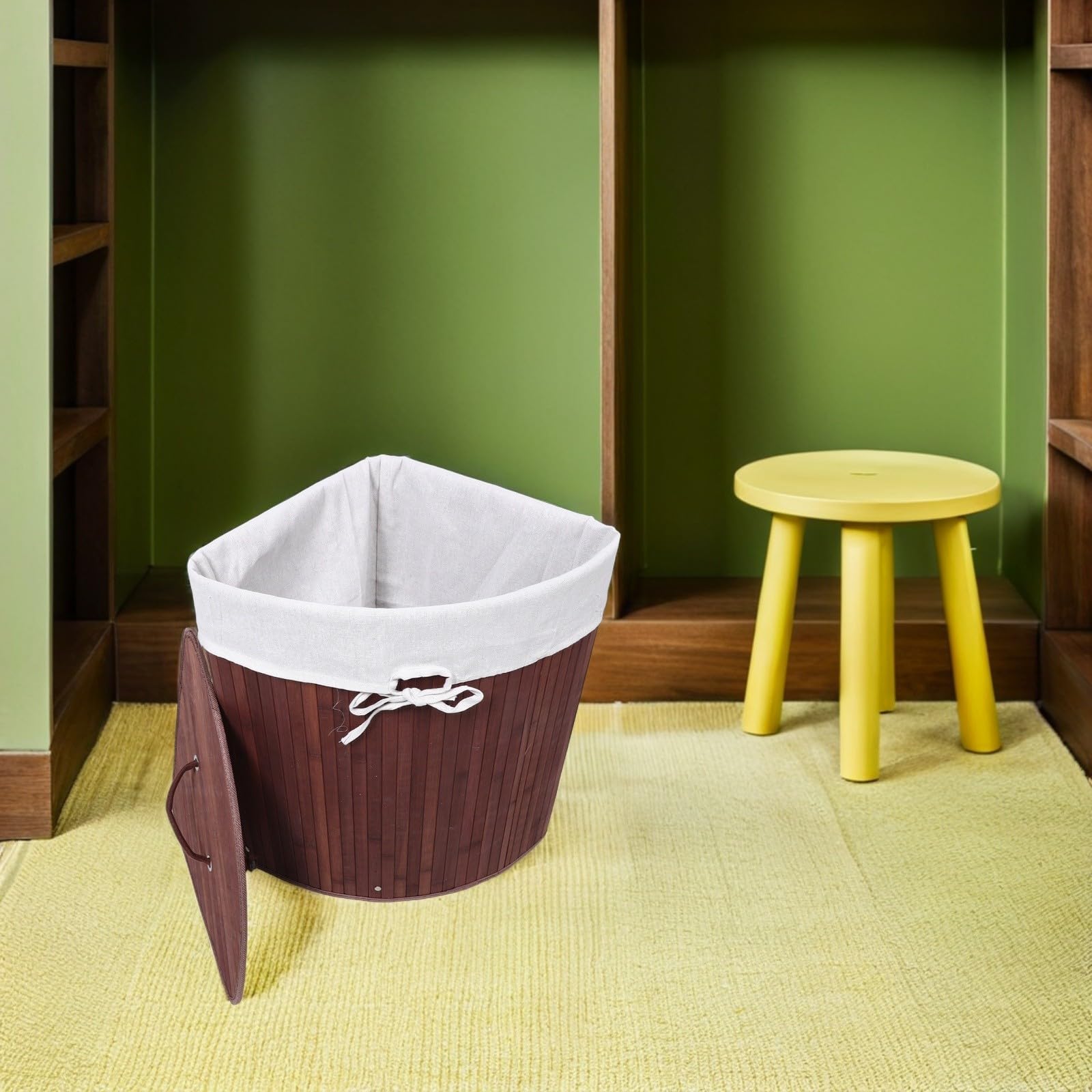 Cesto Portabiancheria Triangolare con Coperchio in Bambù e Tessuto, Design Salvaspazio ad Angolo, Apertura Silenziosa per Bagno e Casa, Dimensioni 35x50cm