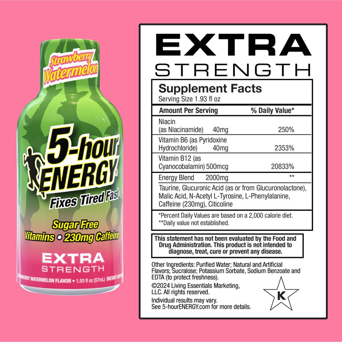 5-Hour Energy Extra Strength Shots, Strawberry Watermelon Flavor, 24 Count (1.93 Fl Oz)