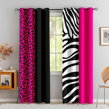LUVIVIHOME Leopard Blackout Curtains for Bedroom 84 inch Long 2 Panels, Hot Pink Black and White Zebra Animal Skin Cheetah Print Valentines Day Curtains for Living Room Grommet Window Drapes, 52Wx84L