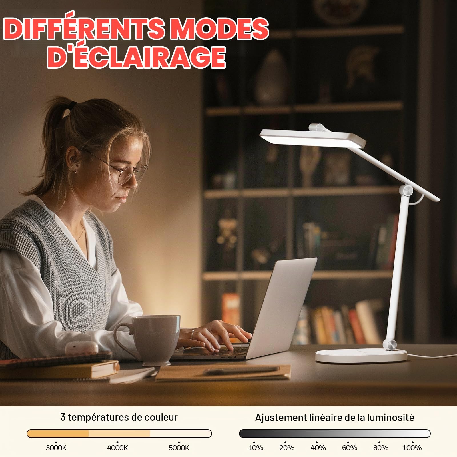 Honeywell HWT-H4 Lampe de Bureau LED, Protection des Yeux, Réglable | 108 LED Sunturalux, CRI≥97, sans scintillement, 3 températures de couleur, 5 niveaux de luminosité, minuterie 60 min