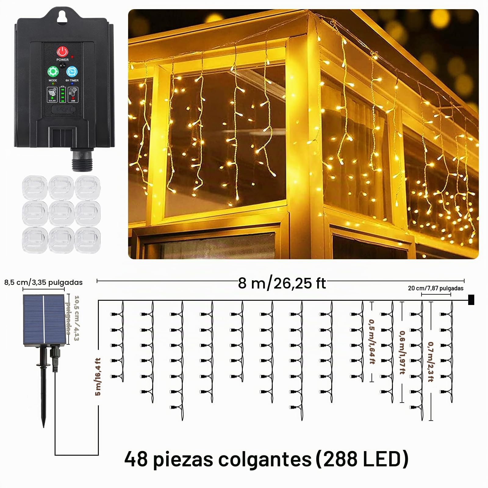 Solares Guirnaldas Luces Carámbano Exteriores, 8 M 288 LEDs Luces Navidad con 8 Modos, Impermeable Guirnaldas de luce Cortina para Courtyard Navidad, Fiesta, Jardín