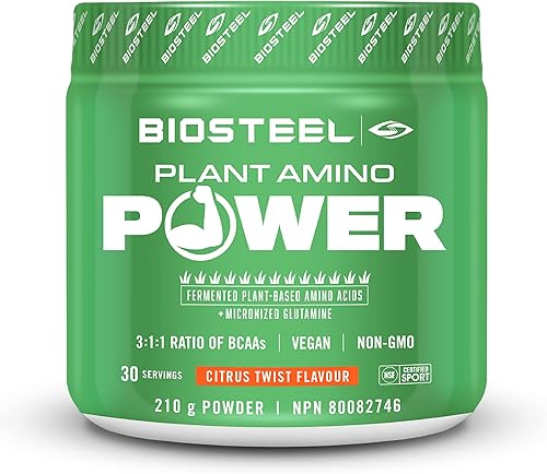 BioSteel Plant-Amino Power BCAA en polvo, aminoácidos fermentados a base de plantas, fórmula sin OMG, giro cítrico, 30 porciones