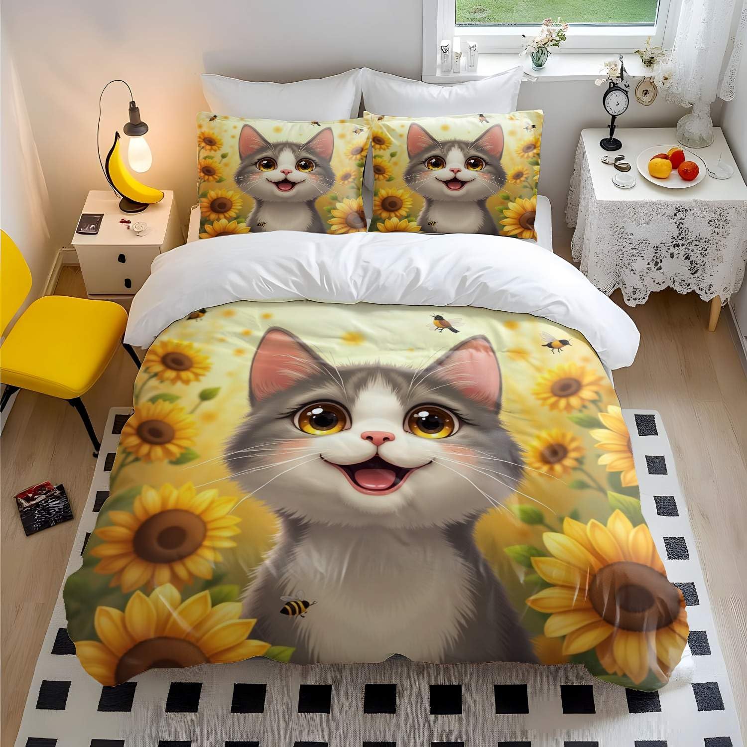 Housse de couette enfant imprimé chat et tournesol King parure de lit 3 pièces