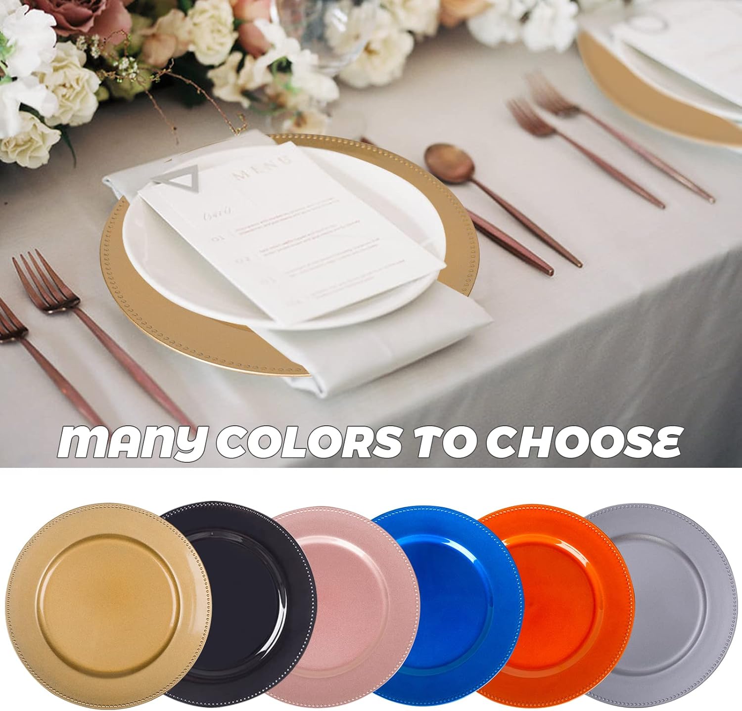  | MAONAME 13" Gold Charger Plates, Round Chargers for Dinner Plates, Plastic Beaded Plate Chargers for Dinner Plate, Table Setting, Wedding, Set of 6: Charger Plates