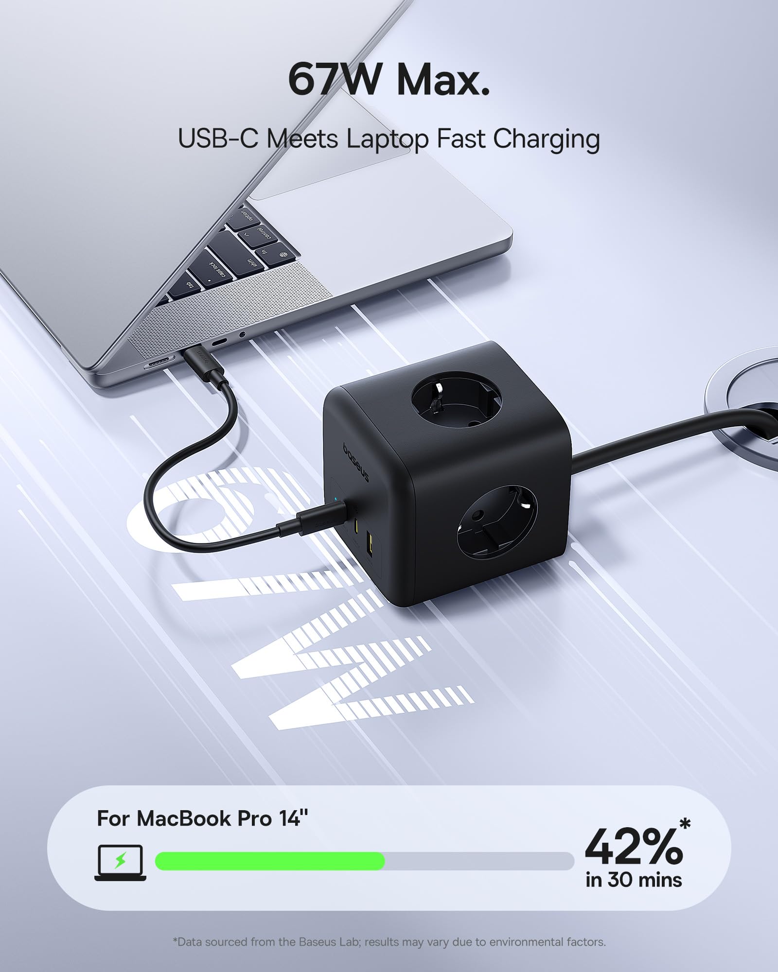 Baseus GaN6 listwa zasilająca USB C 67 W, ładowarka USB C, 3-drożne gniazdko z przełącznikiem, przenośna ładowarka PD, do MacBooka, iPada, iPhone 16/15, Galaxy S25 Ultra, do domu, biura, podróży