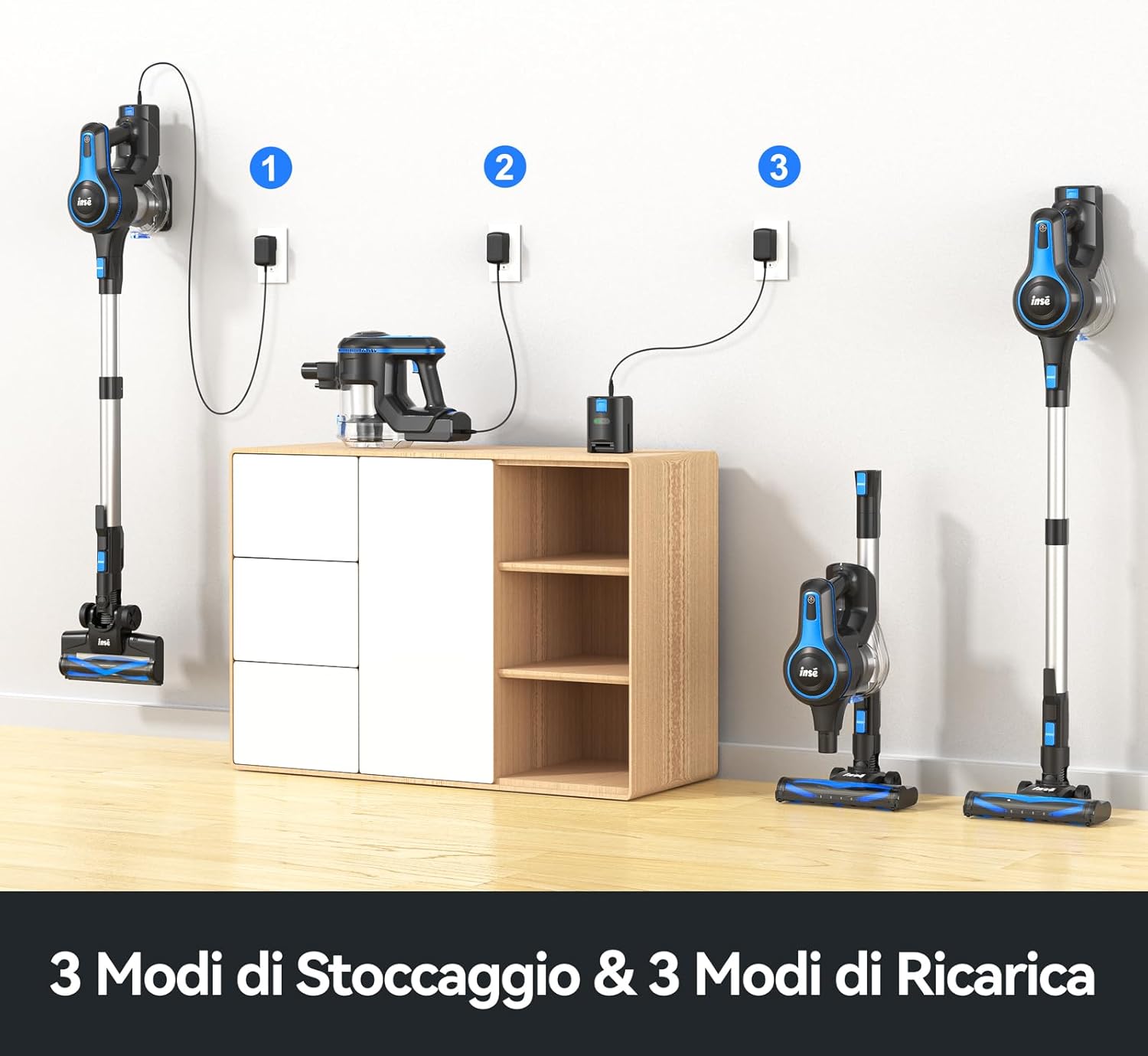 INSE Aspirapolvere Senza Fili Potente 20kPa, Scopa Elettrica Senza Fili in Piedi da Sola, Autonomia 45 Minuti Dust Cup Grande 1,2L, Filtro HEPA Spazzola Elettrica a LED per tappeti e peli di Animali