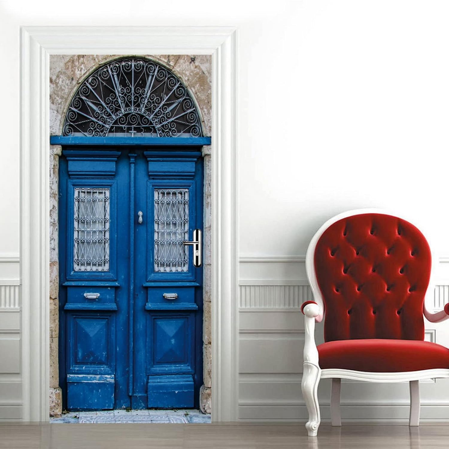 A.Monamour 3D Door Stickers for Interior Doors Blue Wooden Front Door to The House in The Mediterranean Vinyl Waterproof Self Adhesive Door Mural Decals for Bedroom Office Bathroom 95 x 215 cm