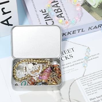Silver Mini Portable Metal Tin Box with Lid - Rectangular, Hinged, Empty, for Candies, Soaps, Earrings, Jewelry, Crafts, Gifts