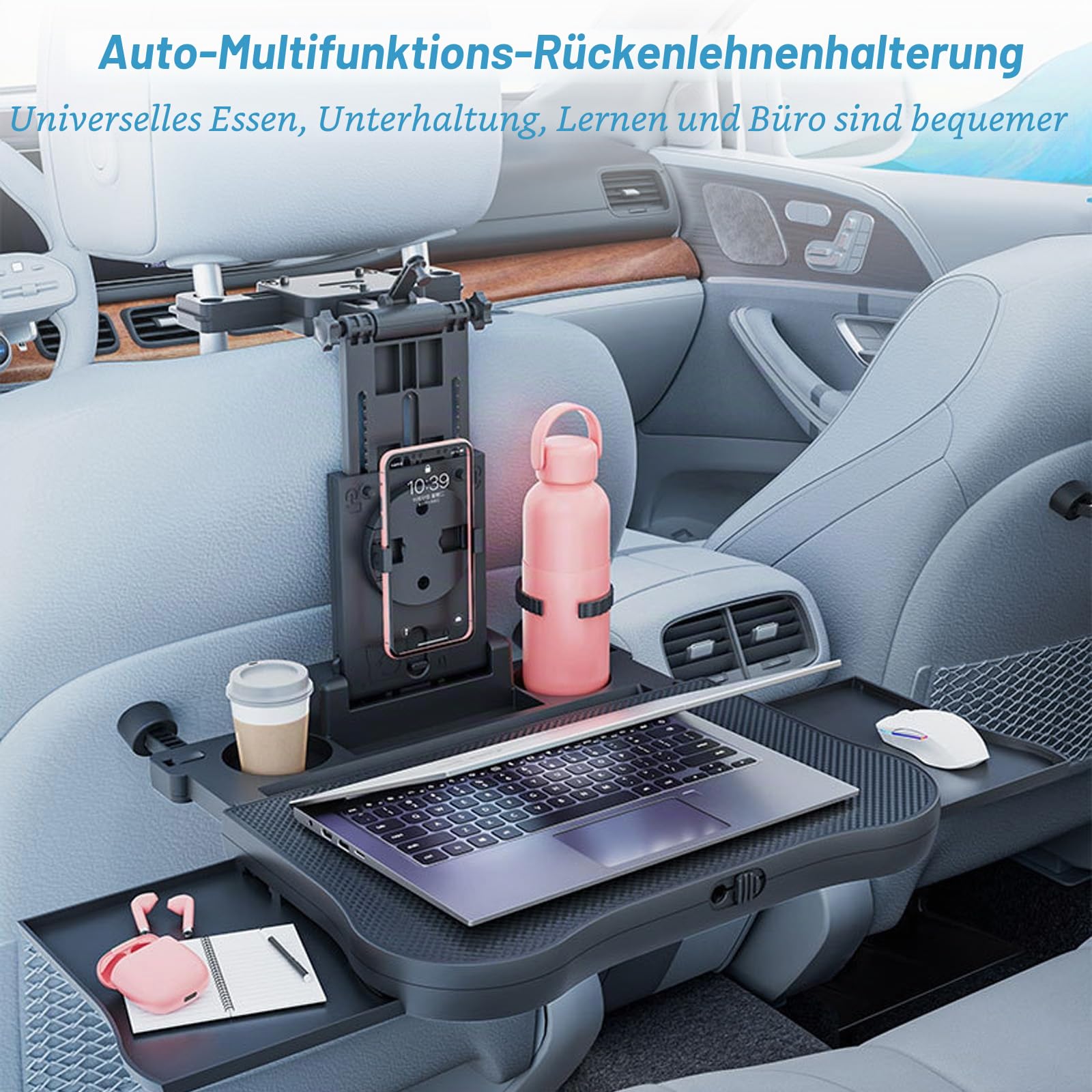 Tragbarer Autositz Tabletttisch, Auto Tisch für Rücksitz Beifahrer mit Getränkehalter und Handyhalter, Multifunktional Esstisch für Kinder Erwachsene Klappbar Einstellbar, Belastbarkeit 15-20 kg
