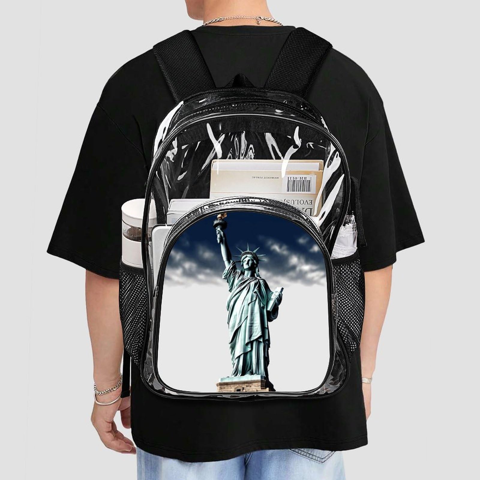 Transparenter Rucksack mit Freiheitsstatue, groß, transparent, PVC, Büchertasche für Sicherheit, Arbeit, Reisen, Stadion