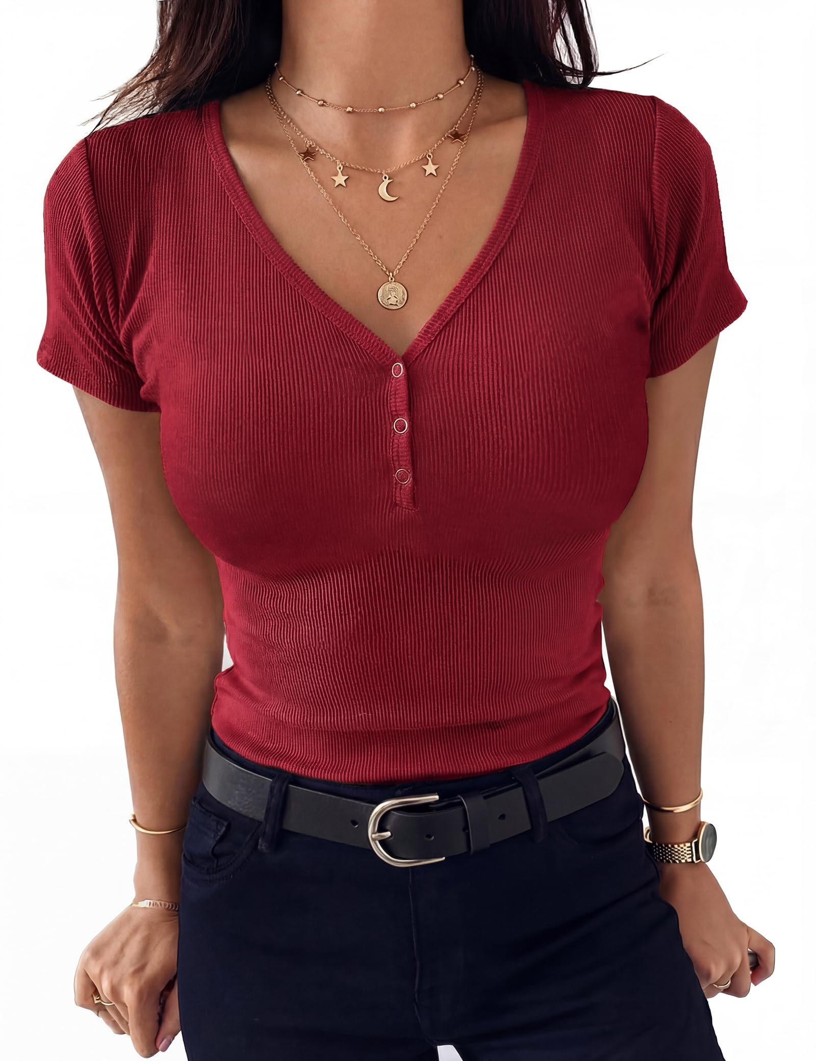 Aottori Damen T-Shirt V-Ausschnitt mit Knöpfen Sommer Oberteile Kurzarm Gerippt Basic Tee Shirts Elegant Slim Fit Tshirt Stretch Casual Tops Einfarbig