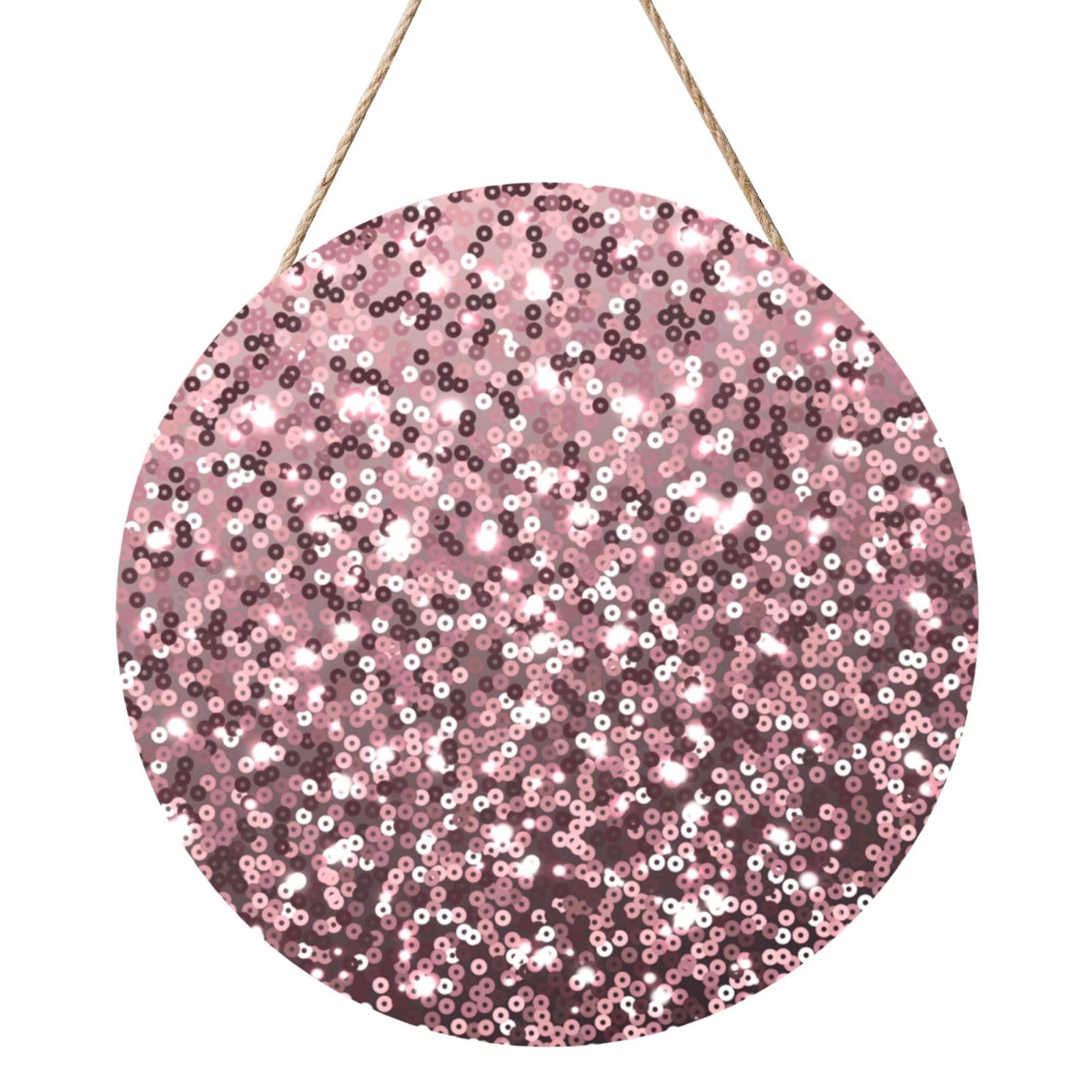 InOmak Rose Gold Sequins On Pink Abstract, Round Wood Panel Painting 12 in, Wall Hanging Painting For Home