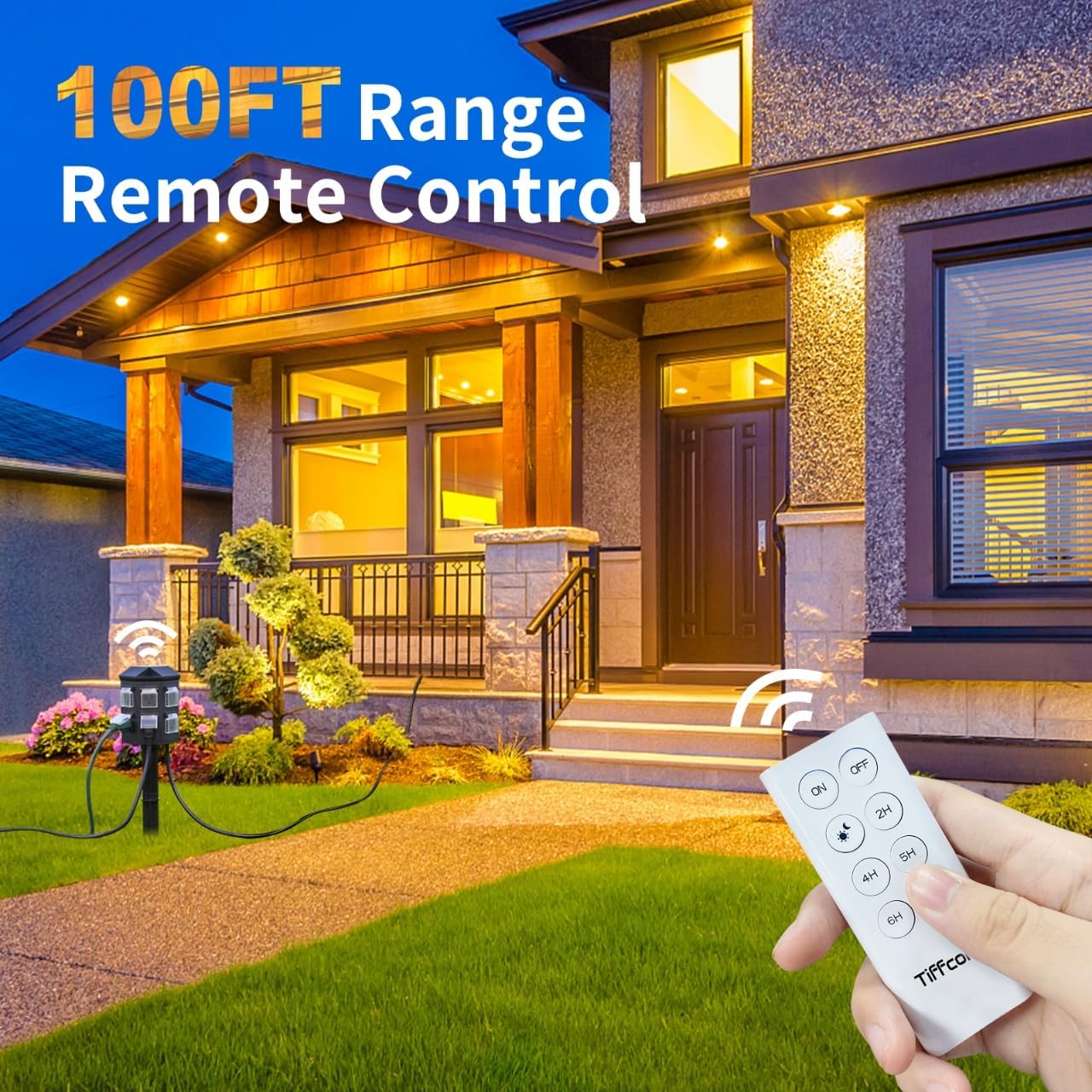 Outdoor Power Strip with 15 FT Extension Cord, 100FT Remote Control, Dusk to Dawn Light Timer Waterproof, 6 Grounded Outlets for Yard, Pool and Garden, ETL Listed