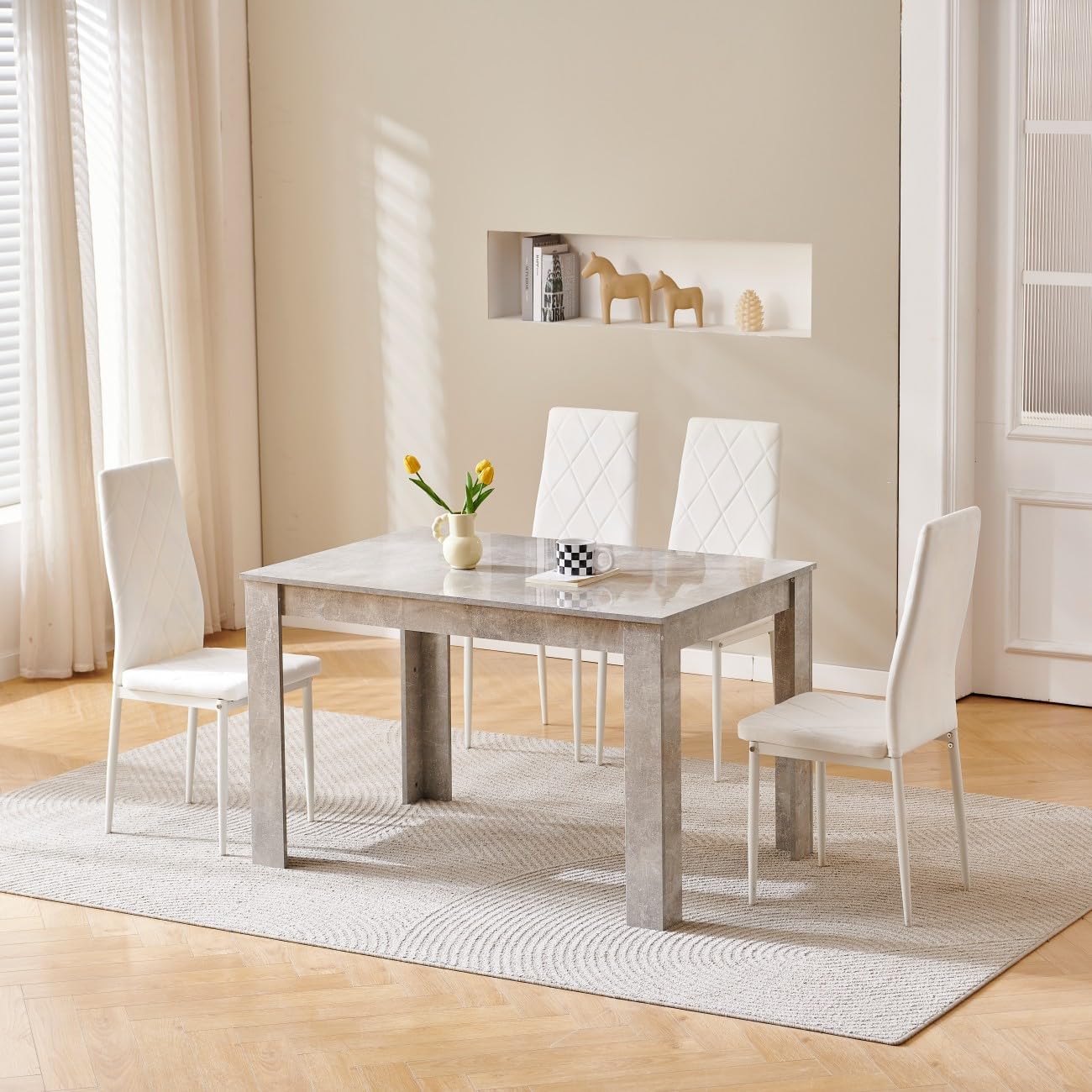 Homullel 120cm Glossing Dining Table and 4 Chairs, 4 Seater Kitchen Table and Chairs Set for Space Saving, Compact Dining Room Set for 4, 120x80 cm, Wooden, Beton Grey (4 Seaters, Flannel White#2) โ image 1