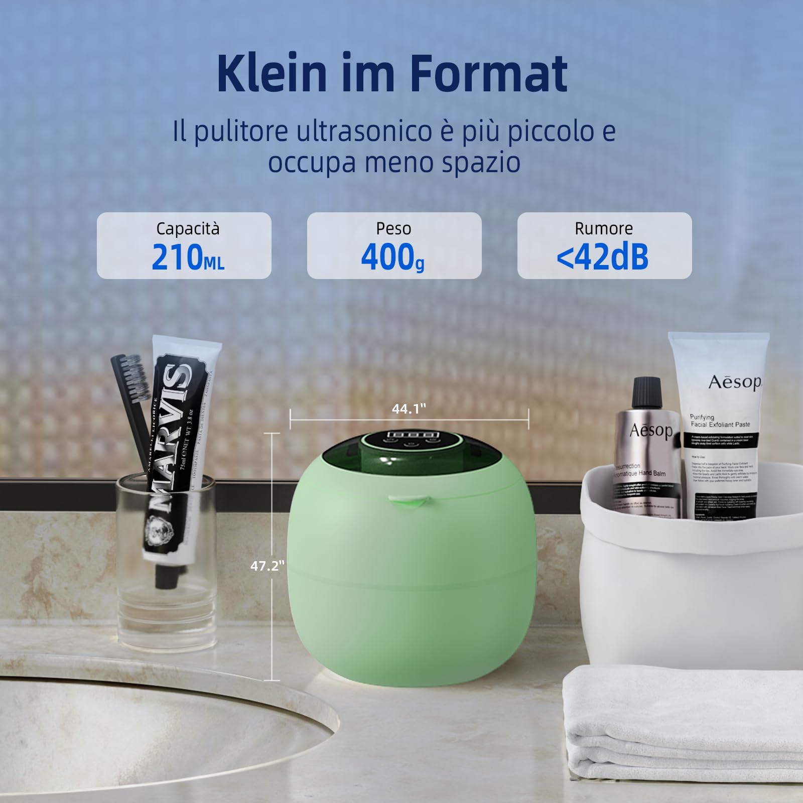 Pulitore Ultrasuoni Cordless 48000Hz, 210ML Portatile Ricaricabile Ultrasonic Cleaner con 6 Luci Automatiche di Pulizia UV Per Protesi, Allineatori, Apparecchi Ortodontici, Gioielli