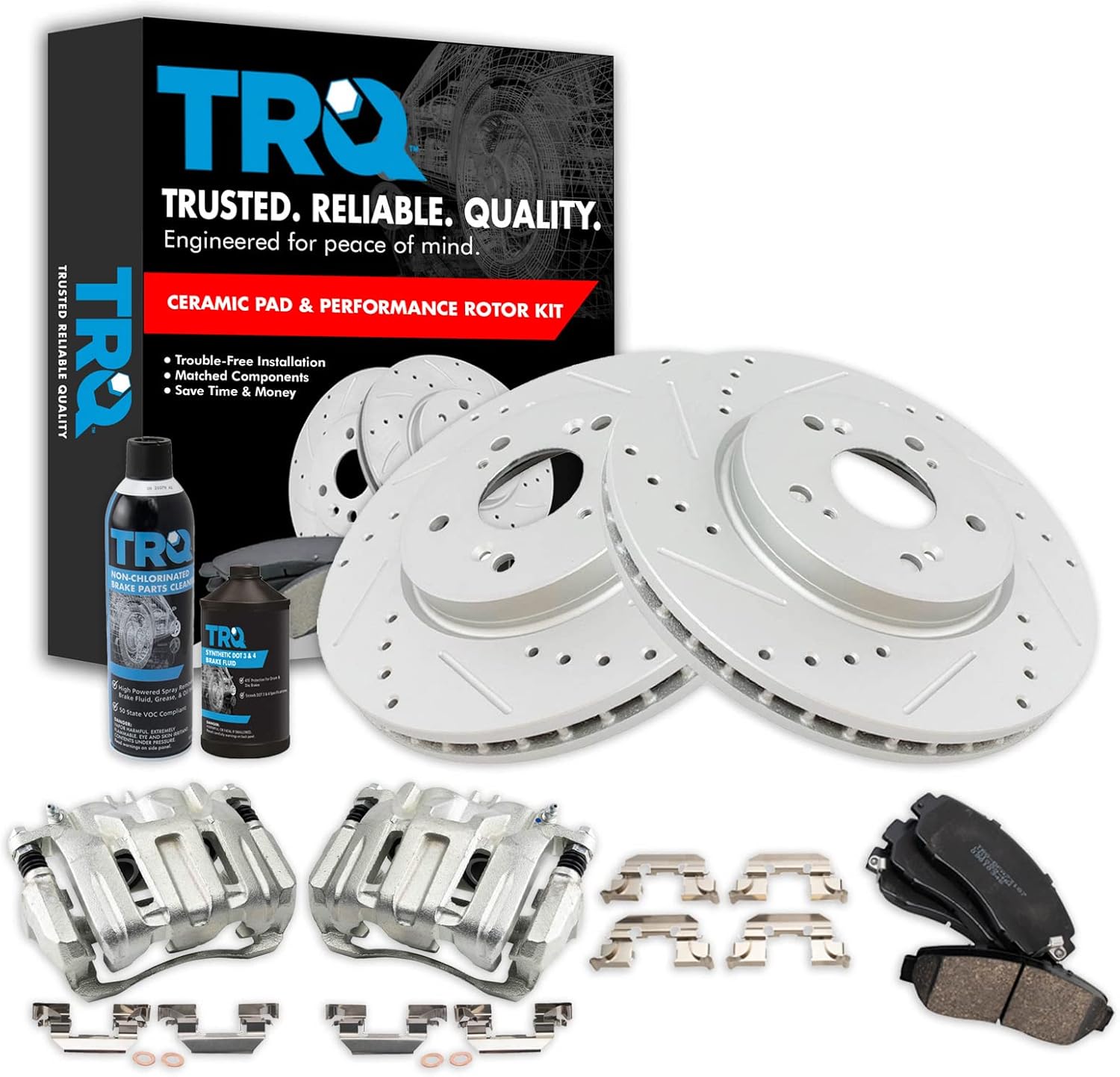 TRQ Front Performance Brake Pad & Rotor Kit Brake Caliper Brake Chemical Kit Brake Pads Brake Rotors Set Ceramic Compatible with 2007-2012 Acura RDX 2010-2011 Honda Accord Crosstour 2007-2011 CR-V