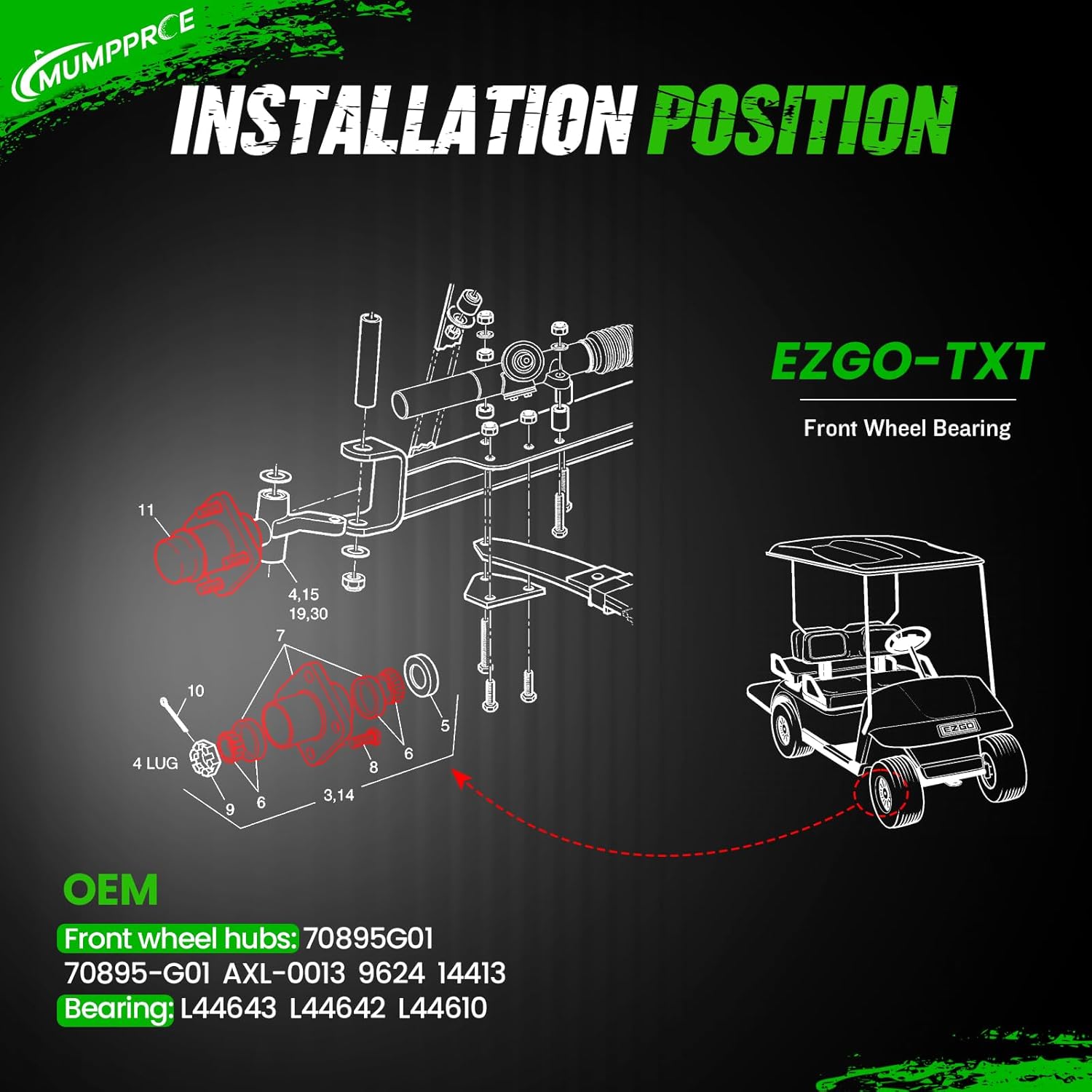 Golf Cart Front Wheel Hub Assembly for EZGO PDS & TXT/Medalist 2001-2013, EZGO Front Wheel Bearings with Dust Cover Fits Gas or Electric Golf Carts, OEM# 70895G01,L44643, 2PCS
