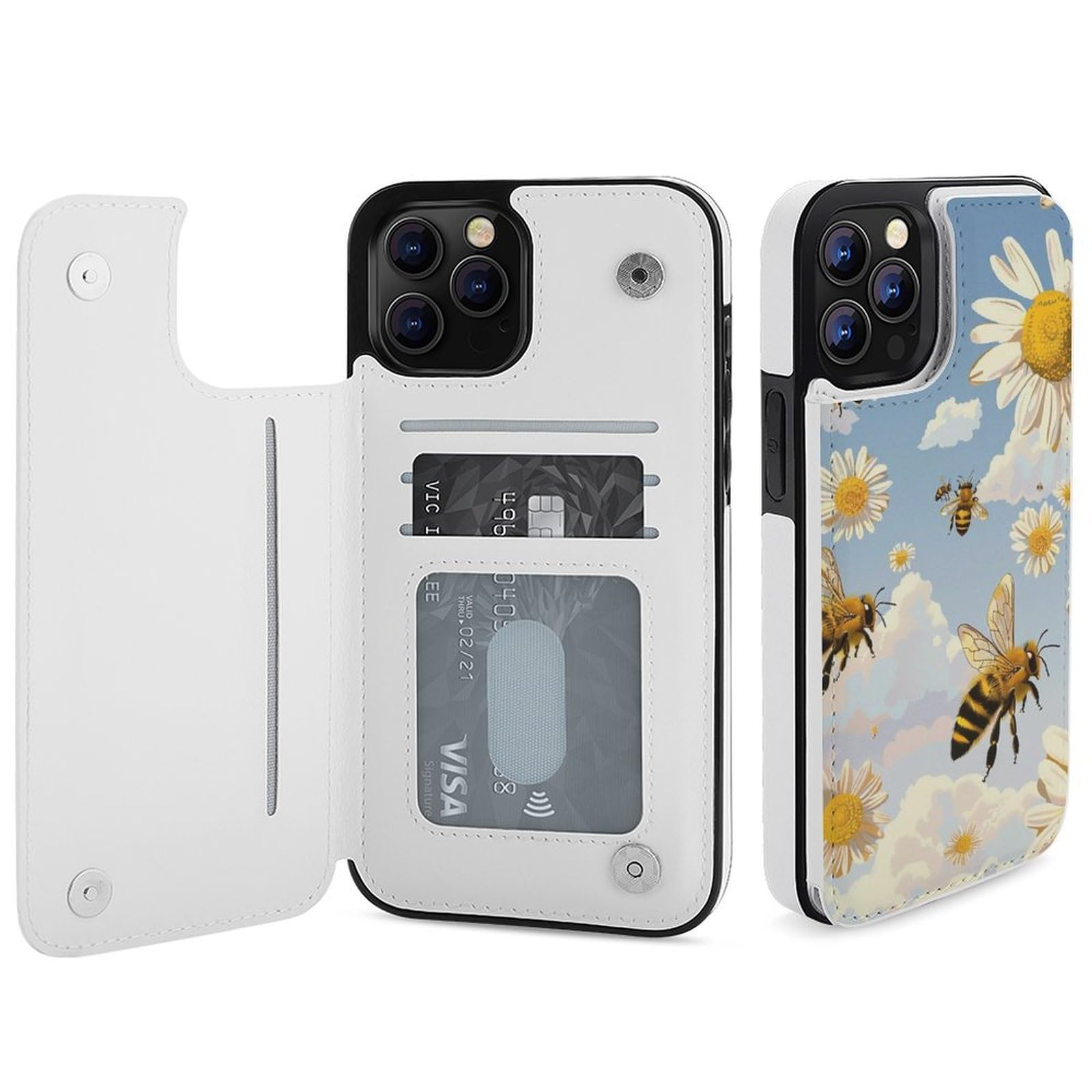 Fundas tipo cartera para iPhone 12 Pro Max, diseño de abejas voladoras con estampado de margaritas y miel, funda de piel con ranuras para tarjetas