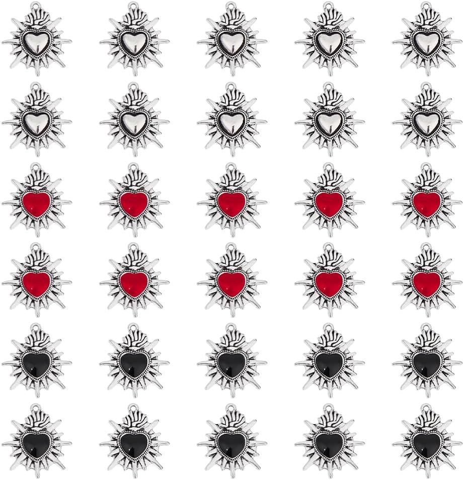 DICOSMETIC 30Pcs Gothic Heart Charms Sacred Heart Charms Bulk 3 Styles Halloween Charm Black Red White Alloy Charms Tibetan Style Love Pendants Fancy Enamel Charm for Jewelry Making