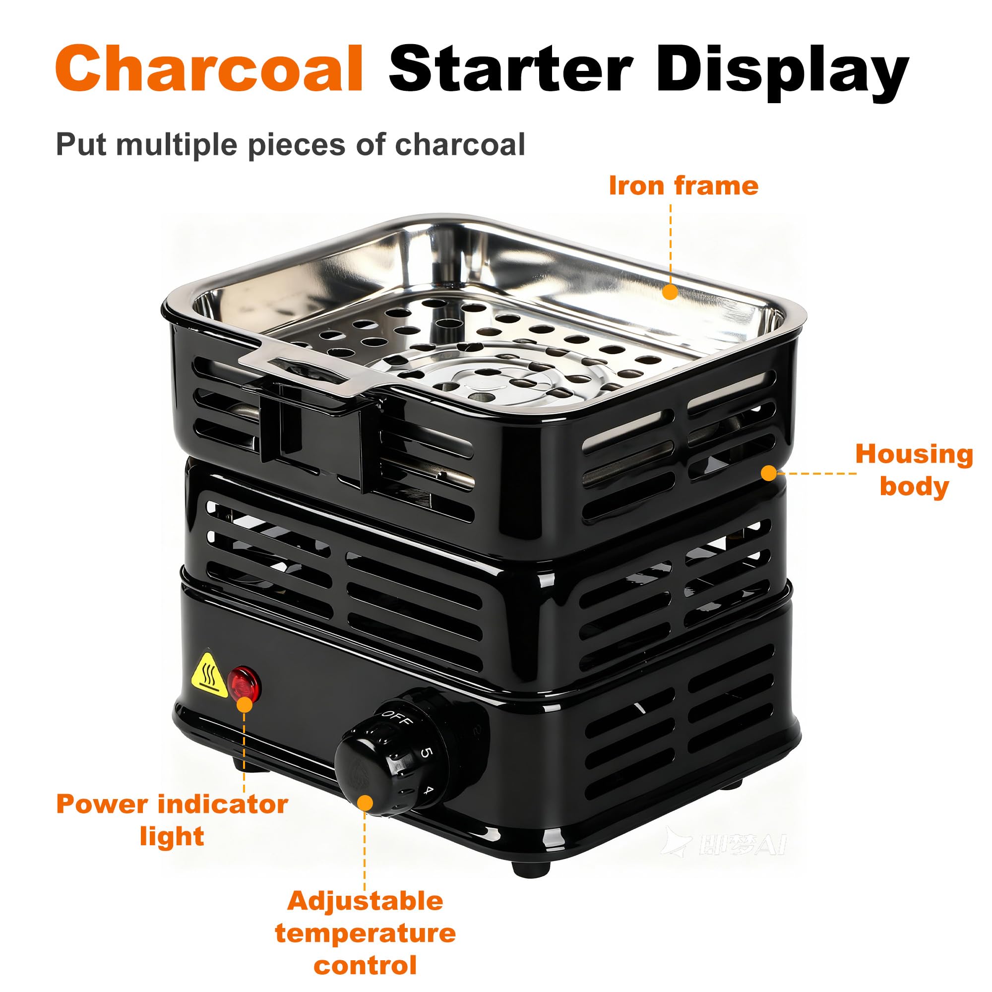 SERdeerCH 多目的ターボ石炭バーナー、電気チャコールバーナー 1000W ハイパワーキューブコイルバーナー ステンレス取り外し可能なトング付き (ブラック)