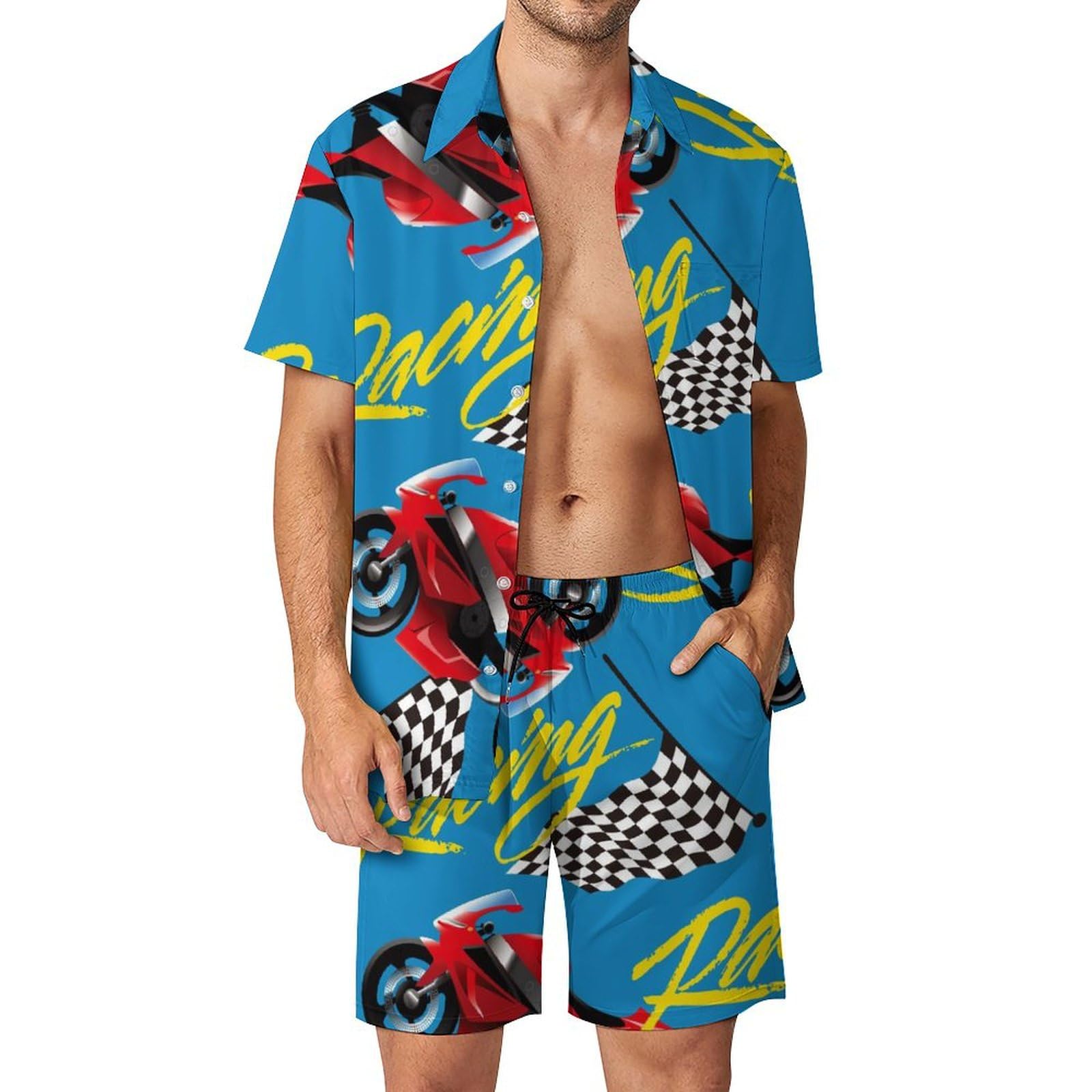 Motif course de moto sur ensemble 2 pièces homme short chemise été légère - 7