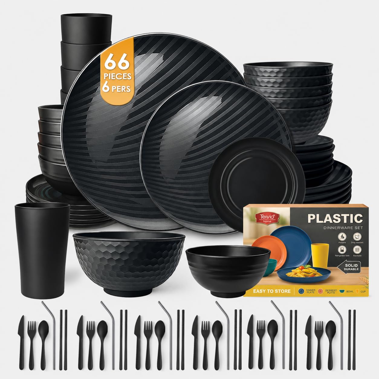 Teivio 66-Piece Kitchen Reusable Plastic Round Dinner Set for 6, Dinner Plate, Dessert Plate, Cereal Bowl, Sauce Cups, Cup, Unbreakable Plastic Plate and Bowl Set, Outdoor Camping Dishes, Black