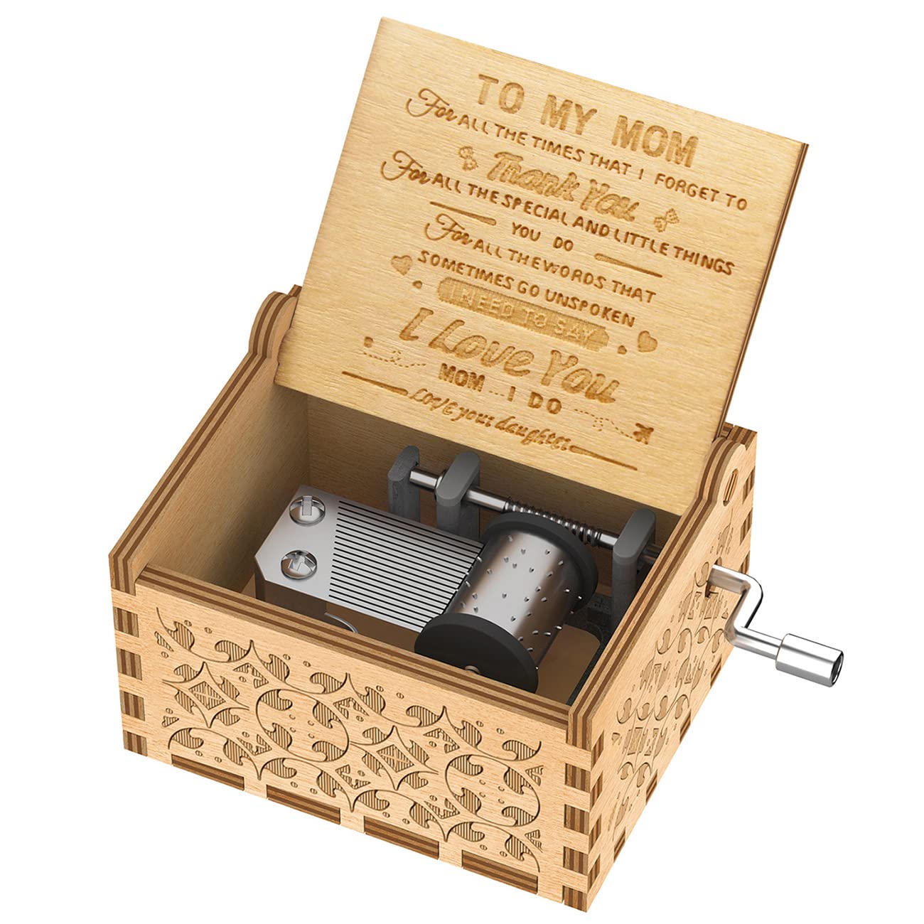 Sooharic Hand Crank Music Box for Mom Gifts from Daughter, Play The Tune You are My Sunshine Unique Gifts for Mom Vintage Engraving Wooden Music Box Brown